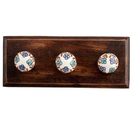 Sea Green And Slate Blue Tiny Flower Ceramic Wooden Hook 